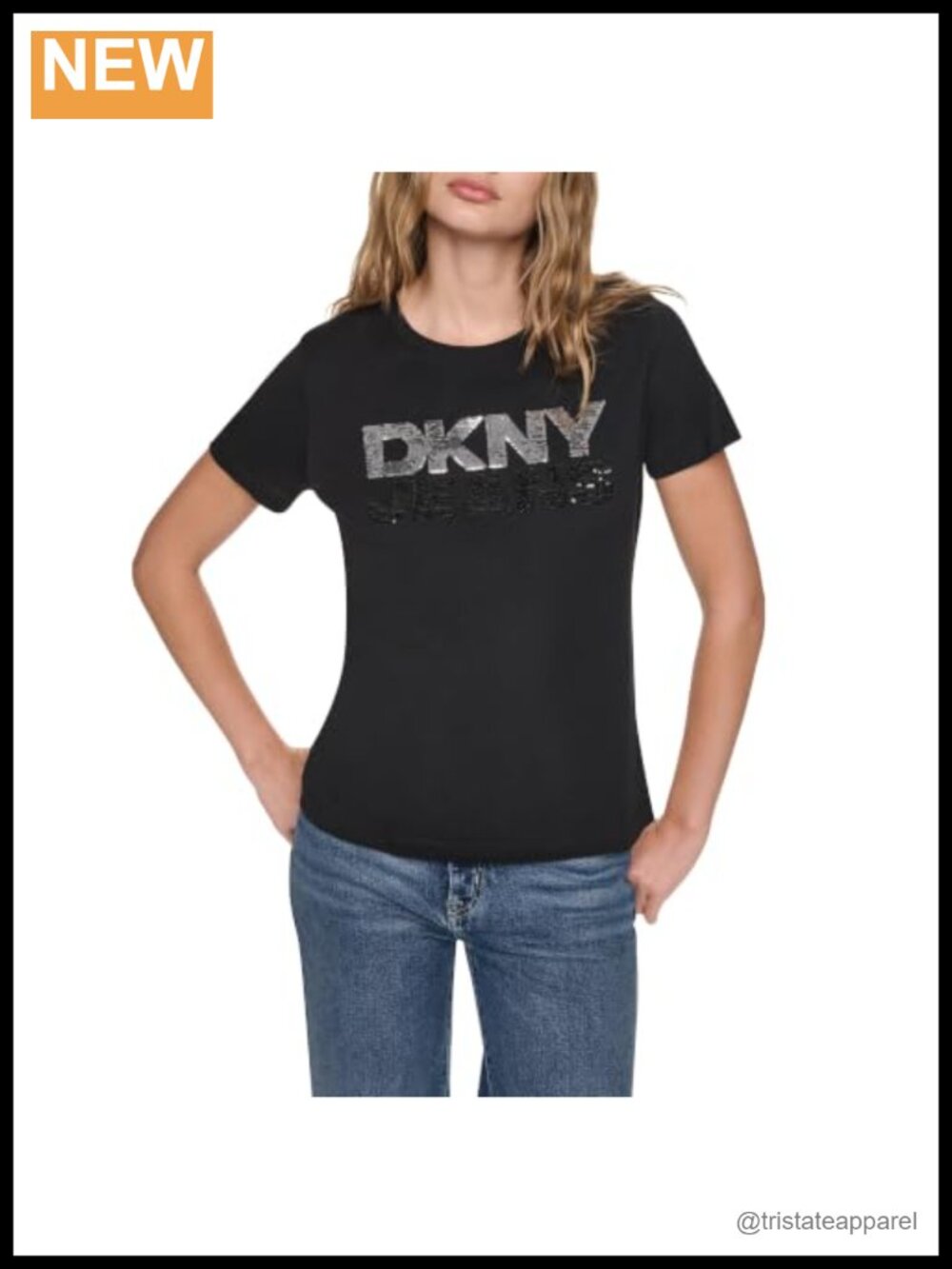DKNY Arched Rhinestone Logo Puff Cap Sleeve Crew Neck Tee